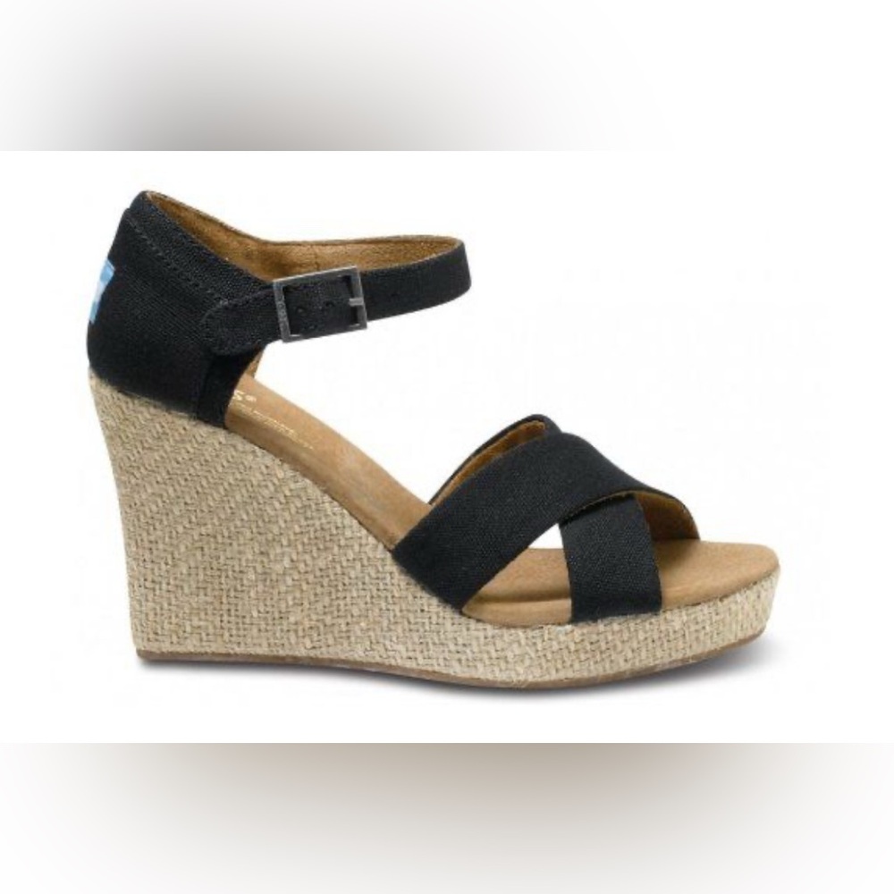 [TOMS] Black Canvas Strappy Open-Toe Espadrille Sandals Wedges Womens 10 w/ Box - Picture 2 of 16